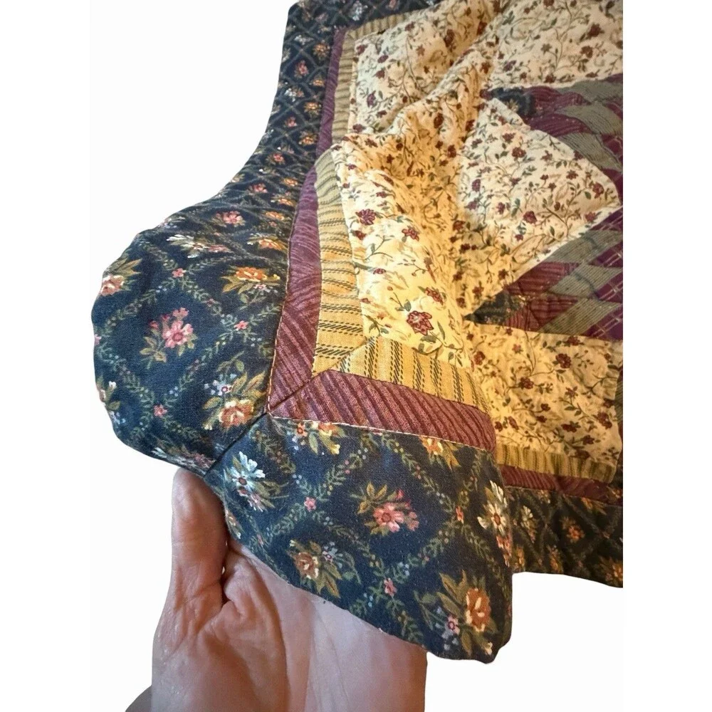 2 Vtg JC Penney Quilted Patchwork Star King Pillow Sham Navy Maroon Ivory Calico
